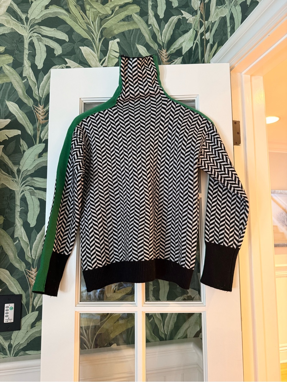 Black & White Chevron Knit Sweater with Green Accent NWOT
